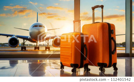 Suitcases Ready at the Airport Terminal and Waiting Airplane on the Runway - Generative Ai 112401542