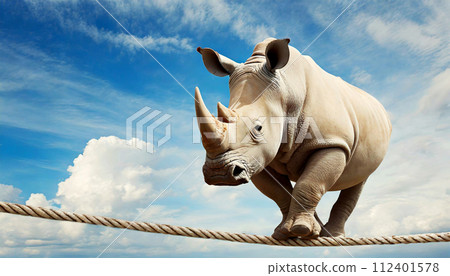 White Rhino Walks on a Rope against a Blue sky with Clouds - Generative Ai 112401578