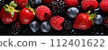 Assorted fresh wet berries background, banner, texture. Berries closeup shot with water drops 112401622