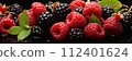 Assorted fresh wet berries background, banner, texture. Berries closeup shot with water drops 112401624