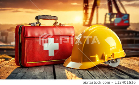 Yellow Safety Helmet and Red First Aid Kit on Construction Site - Generative Ai 112401636
