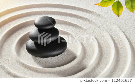 Zen Garden with Balanced Stones and Concentric Circles of Sand - Generative Ai 112401637