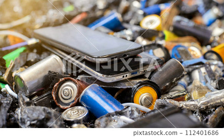 Electronic Waste Concept with Old Smartphones and Batteries - Generative Ai 112401686