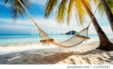 Empty Hammock Hanging on Palm Trees of a Beautiful Tropical Island - Generative Ai 112401687