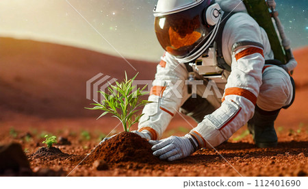 Farmer Astronaut Planting a Small Green Plant on the Planet Mars - Generative Ai 112401690