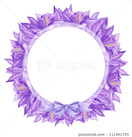 Hand drawn watercolor purple aquilegia flowers round frame border with a bow isolated on white background. Can be used for cards, label, invitation and other printed products. 112401795