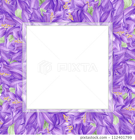 Hand drawn watercolor purple aquilegia flowers frame border isolated on white background. Can be used for cards, label, invitation and other printed products. 112401799