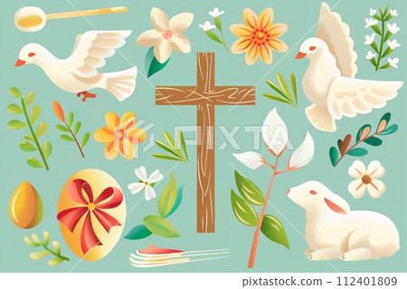 Religious Symbols: Easter clip art featuring iconic religious symbols such as crosses, doves, and lambs. 112401809
