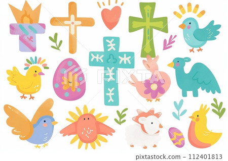 Religious Symbols: Easter clip art featuring iconic religious symbols such as crosses, doves, and lambs. Religious Symbols: Easter clip art featuring iconic religious symbols such as crosses, doves, and lambs. 112401813