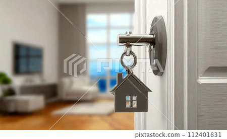 House Key with house Shaped Keychain and Modern Living Room - Generative Ai 112401831