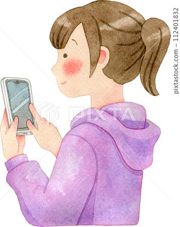 Watercolor illustration of a young woman (girl) operating a smartphone 112401832