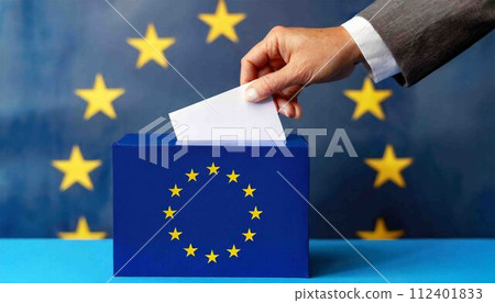 Male Hand Inserting a Ballot to European Union Ballot Box - Generative Ai 112401833