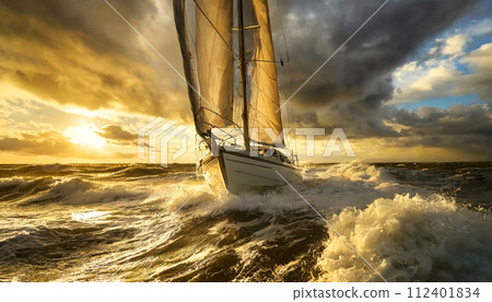 Modern Sailing Boat Braving the Waves of a Wild Stormy Sea - Generative Ai 112401834
