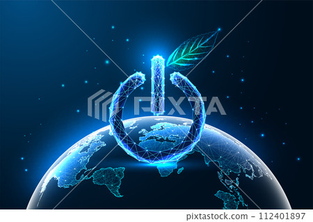 Earth Hour, sustainability futuristic concept with swith on off button, green leaf and planet Earth  112401897
