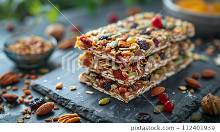 Stacked homemade granola bars packed with nuts, seeds, and dried fruits. Generative AI. 112401939
