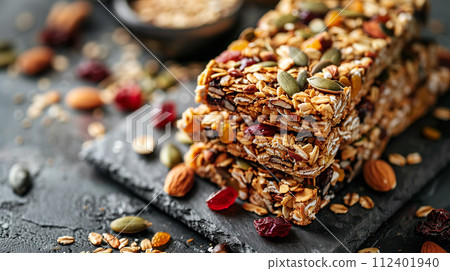 Stacked homemade granola bars packed with nuts, seeds, and dried fruits. Generative AI. 112401940