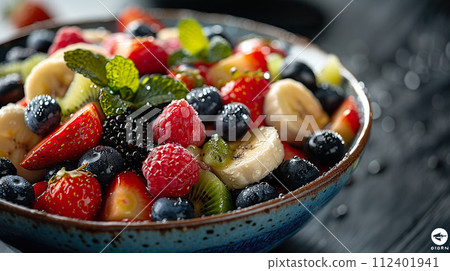 A bowl with variety of fresh berries, kiwi, and banana slices, garnished with mint leaves. Generative AI. 112401941