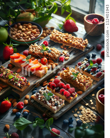 Chocolate bars generously topped with an assortment of fresh berries, nuts, and seeds on a rustic wooden board. Generative AI. 112401943