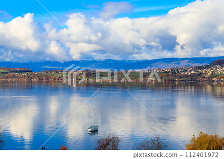 View of the Lake Murten at autumn from Murten city, Switzerland 112401972