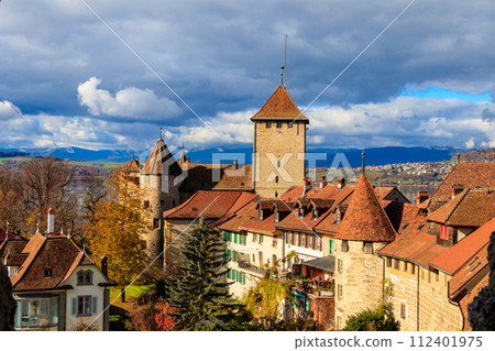 Aerial view of the old town of Murten city at autumn, Switzerland Aerial view of the old town of Murten city at autumn, Switzerland 112401975
