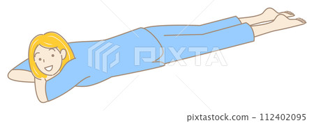 一位穿著溫泉設施衣服、睡在肚子上放鬆的可愛女人 簡單的插圖向量 112402095