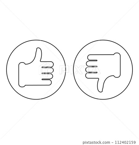 Thumb up and thumb down. Vector round outline icon. Illustration and drawing. Thumb up and thumb down. Vector round outline icon. Illustration and drawing. 112402159