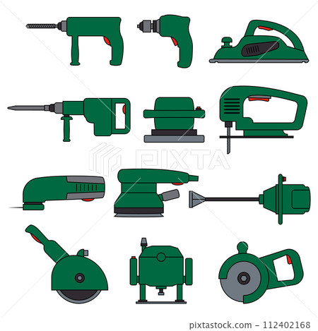 Electric power tools. Set of vector icons and illustration. Construction, repair and building. Drill, screwdriver, planer, jackhammer, jigsaw, plunge router. 112402168