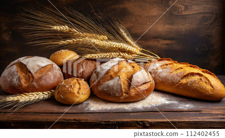 Loaves of Bread and Wheat Ears on a Wooden Table with Copy Space - Generative Ai 112402455