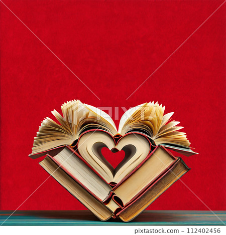 Love Story Books Forming Heart Shape on Red Background - Generative Ai 112402456