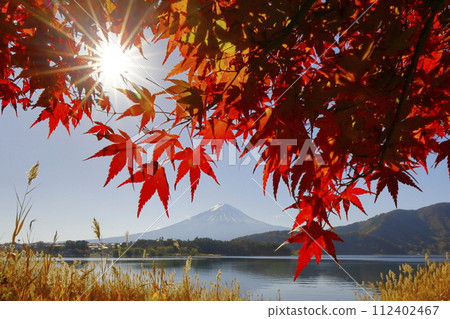 富士山倒映在秋天的樹葉和湖面上 富士山倒映在秋天的樹葉和湖面上 112402467