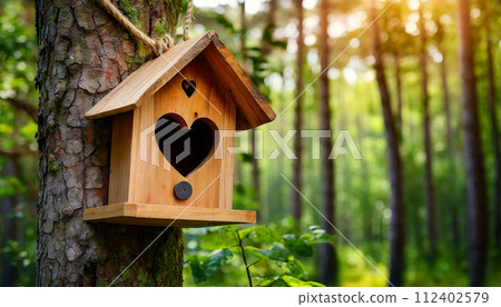 Wooden Birdhouse with Heart Shaped Entrance in a Green Forest - Generative Ai 112402579