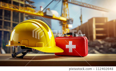 Yellow Safety Helmet and Red First Aid Kit on Construction Site - Generative Ai 112402648