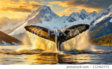 Closeup of a Humpback Whale Tail Splashing in Sea Water - Generative Ai 112402772