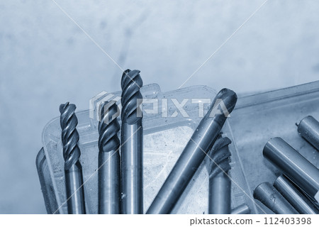 Close-up scene the group of used cutter end mill tools. Close-up scene the group of used cutter end mill tools. 112403398