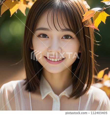Autumn leaves and young woman (Generative AI) 112403405