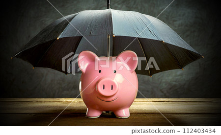 Pink Piggy Bank with Black Umbrella on a Wooden Table - Generative Ai 112403434