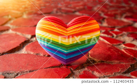 Rainbow Striped Heart on a Red Stone Floor with Copy Space - Generative Ai 112403435