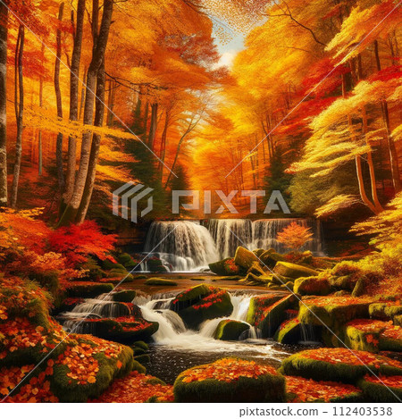 A hidden waterfall decorated with autumn leaves A hidden waterfall decorated with autumn leaves 112403538
