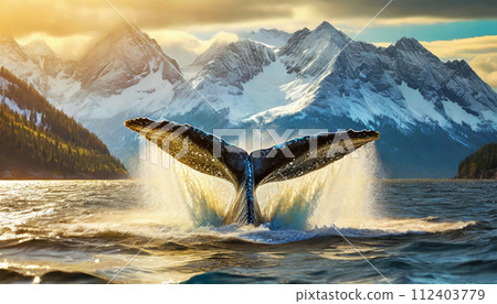 Closeup of a Humpback Whale Tail Splashing in Sea Water - Generative Ai 112403779