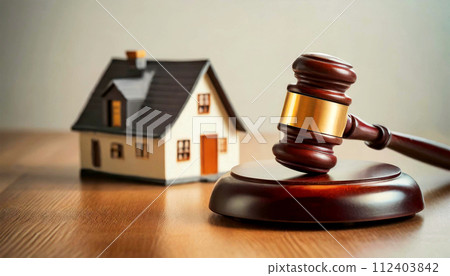 Gavel and Small Model House on a Wooden Table - Generative Ai 112403842