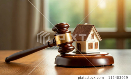 Gavel and Small Model House on a Wooden Table - Generative Ai 112403929