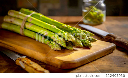 Green Asparagus on a Cutting Board with Knife - Generative Ai Green Asparagus on a Cutting Board with Knife - Generative Ai 112403930