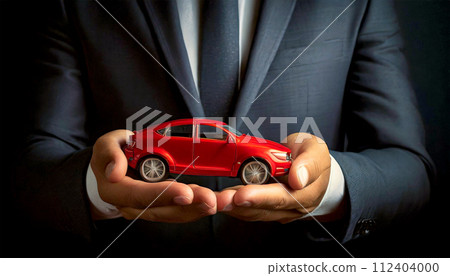 Businessman in Formal Clothing Holding a Red Miniature Car - Generative Ai 112404000