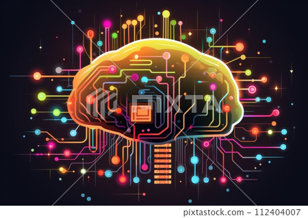 AI-generated content. Human brain neurons, neurological connections, electrical impulses, microchip technology 112404007