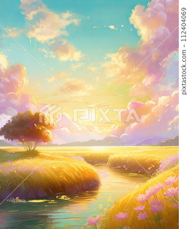 Dreamlike riverside illustration, summer season scene in pastel colors. Blooming pink flowers on the river bank lit by the gold sunset light 112404069