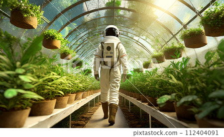 Farmer Astronaut in a Greenhouse Full of Small Green Plants - Generative Ai 112404091
