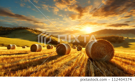 Row of Hay Bales on a Golden Beautiful Landscape at Sunrise - Generative Ai 112404374