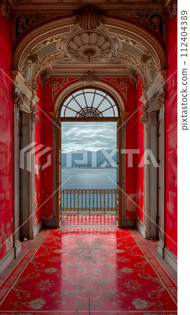 AI-generated content. A brick building with a symmetrical facade, featuring a red hallway with a balcony overlooking a serene lake. The architecture includes arches, columns, and artistic touches 112404389