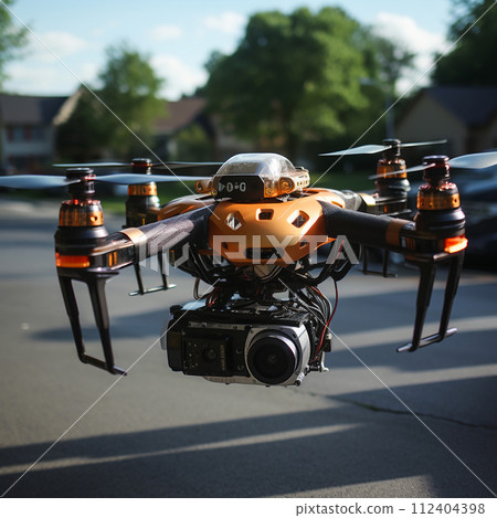 Remote controlled flying device drone is soaring through the air. Its propellers are spinning rapidly as it maneuvers effortlessly in various directions. Remote controlled flying device drone is soaring through the air. Its propellers are spinning rapidly as it maneuvers effortlessly in various directions. 112404398