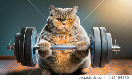 Obese Orange Cat Lifting Weights in Order to Lose Weight - Generative Ai 112404480